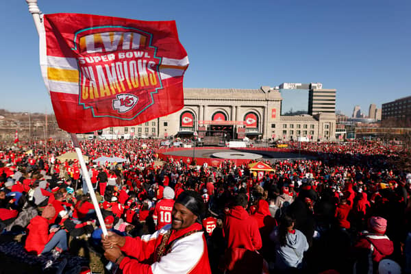 Fans assemble in front of Union Station before the Kansas City Chiefs Super Bowl LVIII victory parade on February 14, 2024 in Kansas City, Missouri. (Photo by David Eulitt/Getty Images)