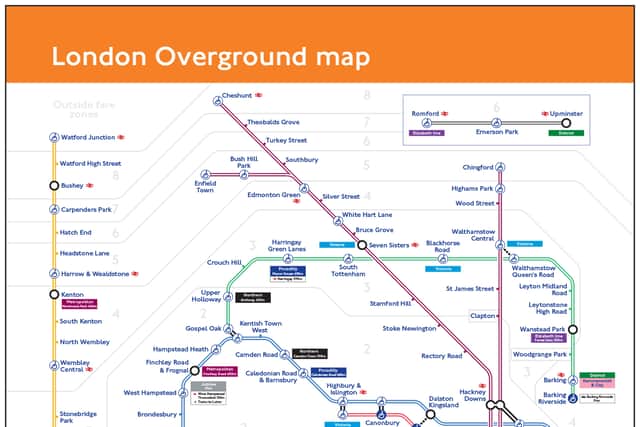 The new London Overground map will feature named lines and new colours for each line. (Credit: Transport for London/PA Wire)