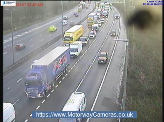 A diesel spill has seen two lanes closed on the northbound M6 at Junction 8, causing 30-minute delays Picture: motorwaycameras.co.uk