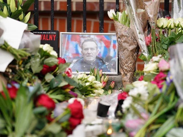 Floral tributes the Russian Embassy in London the Russian Embassy in London, for jailed Russian opposition leader Alexei Navalny who died on Friday Picture: Jordan Pettitt/PA Wire 