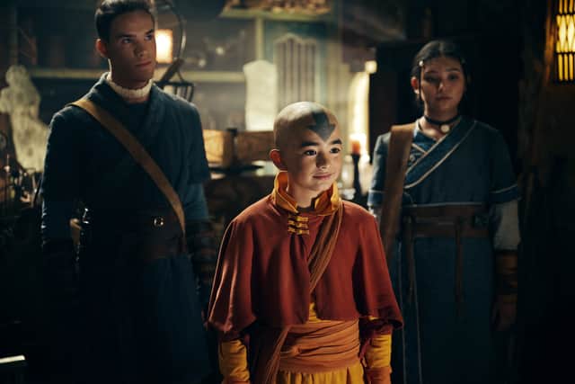 (L to R) Ian Ousley as Sokka, Gordon Cormier as Aang, Kiawentiio as Katara in season 1 of Avatar: The Last Airbender. (Robert Falconer/Netflix © 2024)