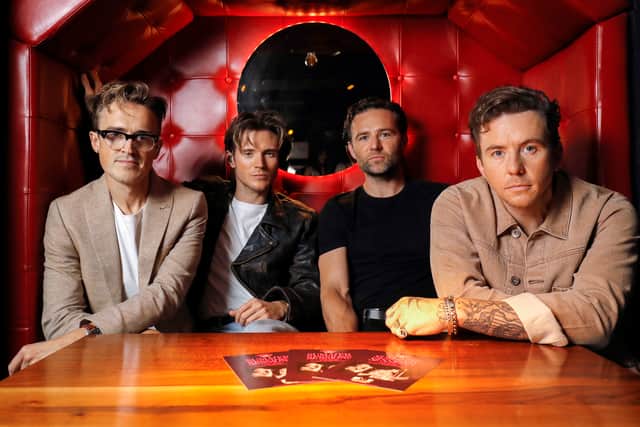 (L-R) Tom Fletcher, Dougie Poynter, Harry Judd and Danny Jones of McFly pose before performing a surprise set, as part of PizzaExpress Live Summer Sessions to the delight of diners and fans, on July 14, 2023 in London, England. (Photo by John Phillips/Getty Images for Pizza Express)