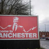 Sir Jim Ratcliffe has been welcomed to Old Trafford with a billboard outside the stadium.