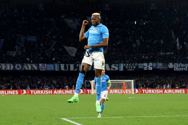 Victor Osimhen celebrates a goal for Napoli in the Champions League