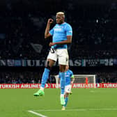 Victor Osimhen celebrates a goal for Napoli in the Champions League