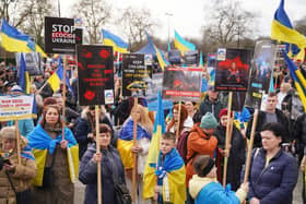 People take part in a march from Hyde Park to Trafalgar Square organised by the various Ukrainian Community organisations based in London, to mark the two year anniversary of the Russian invasion of Ukraine. (Picture: Maja Smiejkowska/PA Wire)