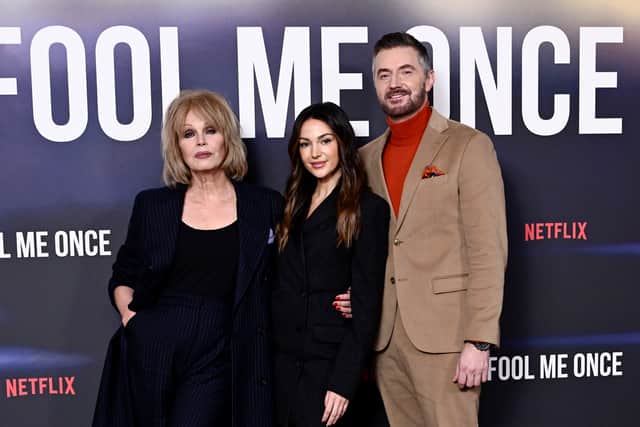 LONDON, ENGLAND - DECEMBER 12: Joanna Lumley, Michelle Keegan and Richard Armitage attend the "Fool Me Once" photocall at Soho Hotel on December 12, 2023 in London, England. (Photo by Gareth Cattermole/Getty Images)