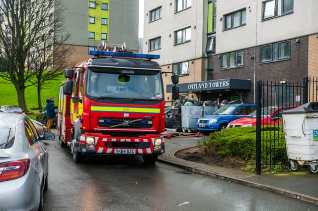 Fire crews attended a blaze at Oatland Towers in Leeds this morning. Picture: James Hardisty