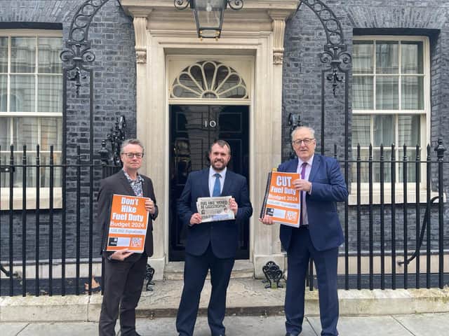 Alan Cook, Jonathan Gullis MP and Howard Cox, presenting FairFuel UK's petition to No10 Downing Street. Credit: Alan Cook