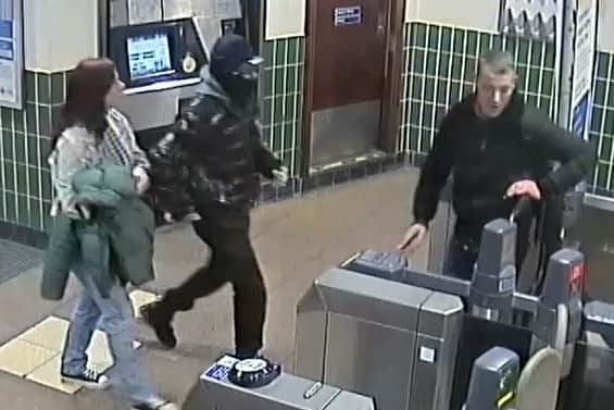 Police want to speak to these two people after a suspected corrosive substance was thrown at two boys at Elm Park underground station in Hornchurch, east London 