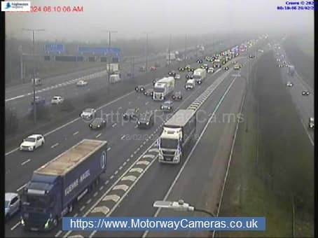 A lane closure resulting from a multi-vehicle crash on the M1 has caused delays of 30 minutes for drivers this morning. (Credit: Motorwaycameras.co.uk)