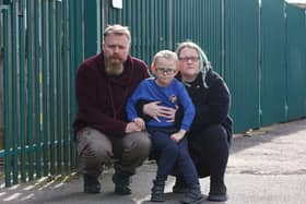Parents Carlos Martinez Thompson and Cheryl Smith with their autistic son five year old Jaxon Martinez-Smith who escaped from Stockingord Academy School in Nuneaton, Warwickshire. Picture: Anita Maric / SWNS