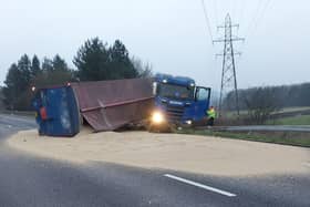 An overturned HGV on the northbound M1 near Loughborough - March 8, 2024 Picture: National Highways 