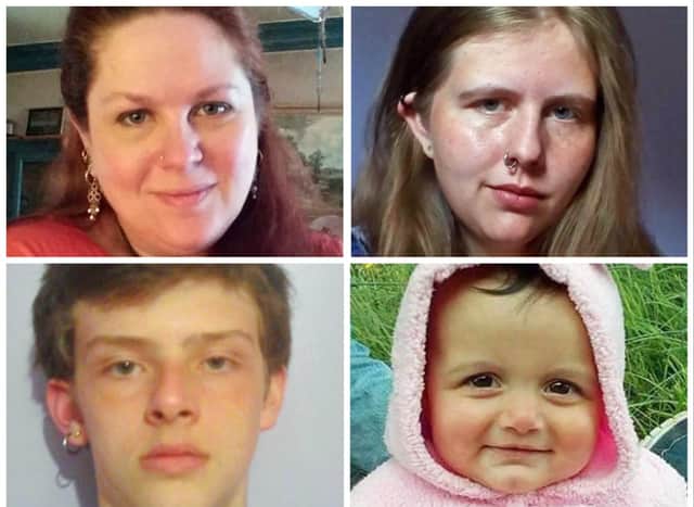 Denise Gossett, age 45, (top left) her daughter Sabrina Gossett, 19, (top right) son Roman Gossett, 16, (bottom left) and Sabrina Gossett’s 15-month-old daughter Morgana Quinn (bottom right) all died in the deliberate fire at a house fire in February 2018. Photos by PA.