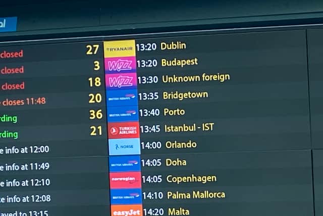  ‘Unknown foreign’ showed on the departure flights board at Gatwick Airport ahead of our Wizz Air flight to the mystery destination. (Photo: Isabella Boneham)