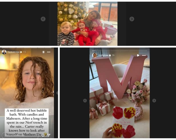 Some of the content celebrities have posted to their Instagram Stories to mark Mother's Day 2024. Photos by Instagram and Dani Dyer (top), Frankie Bridge (bottom left) and Molly-Mae Hague (bottom right).