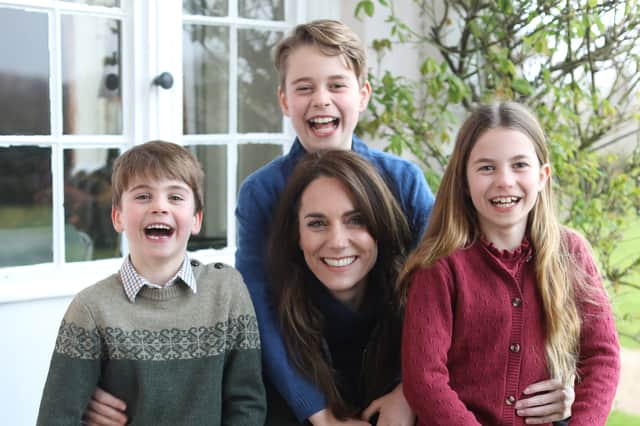 The Princess of Wales Kate Middleton with her children, Prince Louis, Prince George and Princess Charlotte, taken by Prince William and released on social media to mark Mother's Day 2024. Photo by Prince of Wales/Kensington Palace/PA Wire.