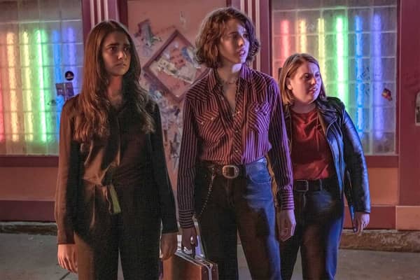 Geraldine Viswanathan as Marian, Margaret Qualley as Jamie and Beanie Feldstein as Sukie in Ethan Coen's Drive-Away Dolls. Picture: Focus Features