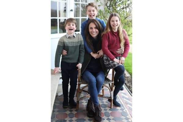 Catherine, Princess of Wales with her children from left Prince Louis, Prince George and Charlotte. The picture was released on March 10, 2024, Mother's Day, but later pulled by several picture agencies after concerns over digital doctoring. It was credited to William, the Prince of Wales Picture from The Prince and Princess of Wales X account
@KensingtonRoyal  