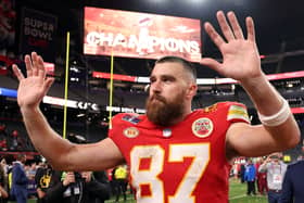 Travis Kelce #87 of the Kansas City Chiefs waves to fans after defeating the San Francisco 49ers 25-22 during Super Bowl LVIII at Allegiant Stadium on February 11, 2024 in Las Vegas, Nevada. (Photo by Jamie Squire/Getty Images)