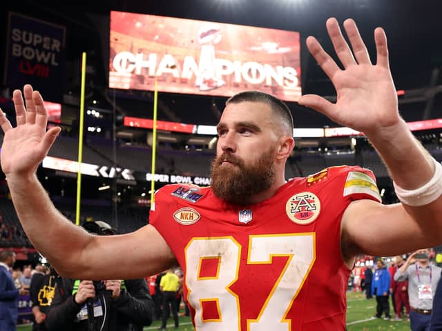 Travis Kelce #87 of the Kansas City Chiefs waves to fans after defeating the San Francisco 49ers 25-22 during Super Bowl LVIII at Allegiant Stadium on February 11, 2024 in Las Vegas, Nevada. (Photo by Jamie Squire/Getty Images)
