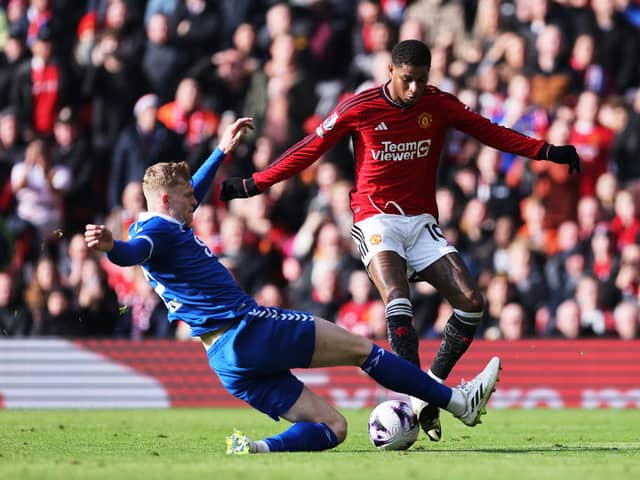 Jarrad Branthwaite in action against Manchester United's Marcus Rashford.