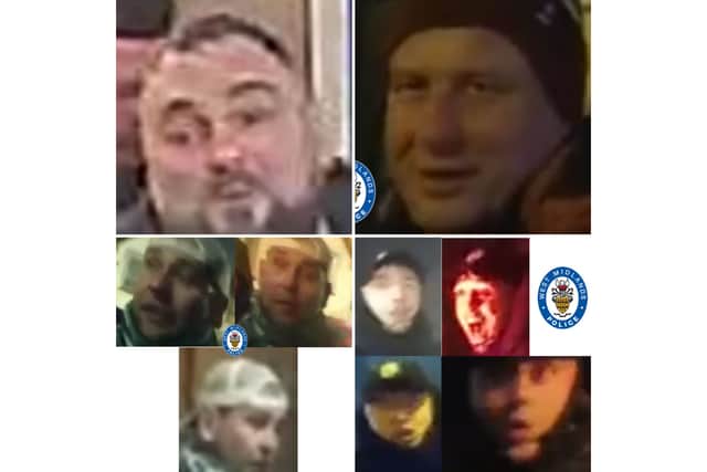 Four men wanted after trouble at the Aston Villa-Legia Warsaw tie at Villa Park in November 2023. They are thought to be connected to the away side Picture: West Midlands Police
