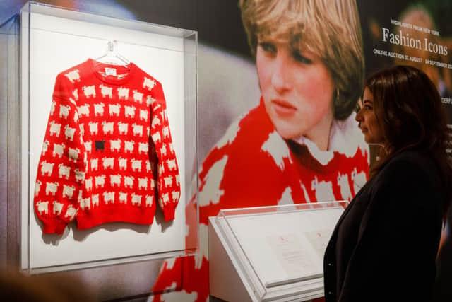The late Princess Diana’s iconic ‘black sheep’ jumper that was created by Sally Muir and Joanna Osborne of knitwear brand Warm & Wonderful sold for $1.14 million (approx £916,700) at Sotheby’s auction house in New York