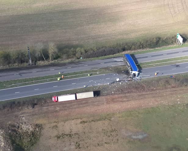 The A1 in Lincolnshire was closed all day Monday and into the early hours of Tuesday morning following a crash involving two HGVs. (Credit: Lincolnshire Police/X)