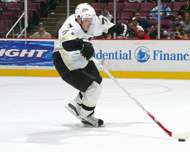 Olympian and former ice hockey player Konstantin Koltsov has died at the age of 42.  Konstantin Koltsov #71 of the Pittsburg Penguins skates with the puck during the game against the New Jersey Devils at the Continental Airlines Arena on March 16, 2006 in East Rutherford, New Jersey. 
