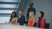 The Apprentice: (Back row) Tre (Front row L-R) Foluso, Phil, Rachel, Noor in the boardroom (Photo: BBC / FreemantleMedia Ltd)