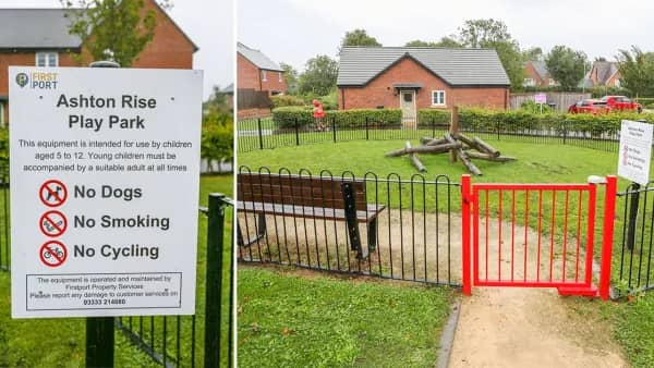 The play area on the Ashton Rise estate near Market Harborough in Leicestershire
features nine logs and no play equipment (Picture: Joseph Walshe/SWNS)