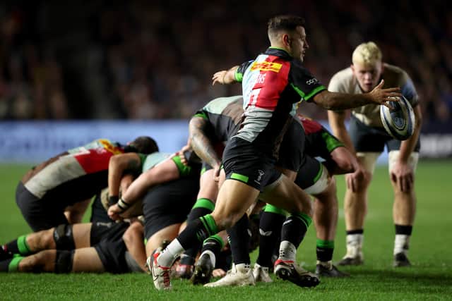 Danny Care of Harlequins kicks the ball during the Gallagher Premiership Rugby match between Harlequins and Saracens at The Stoop on November 18, 2023 in London, England. (Photo by Tom Dulat/Getty Images)