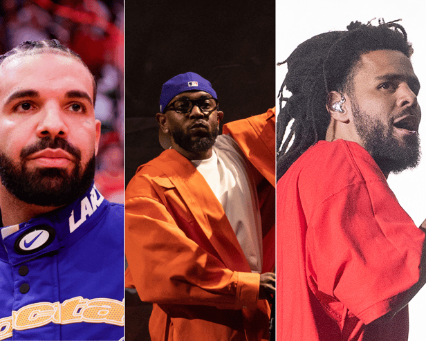 [L-R] Drake, Kendrick Lamar and J. Cole have been involved in a feud since Lamar's guest appearance on "Like That" by Future and Metro Boomin' (Credit: Getty)