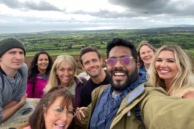 Pilgrimage: The Road Through North Wales cast: Tom Rosethal, Sonali Shah, Amanda Lovett, Michaela Strachan, Spencer Matthews, Eshaan Akbar, Tara Dew, Christine McGuiness (Photo: BBC/CTVC)
