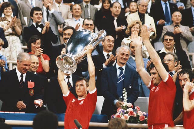 Larry Lloyd (R) celebrates the European Cup win with Nottingham Forest in 1979