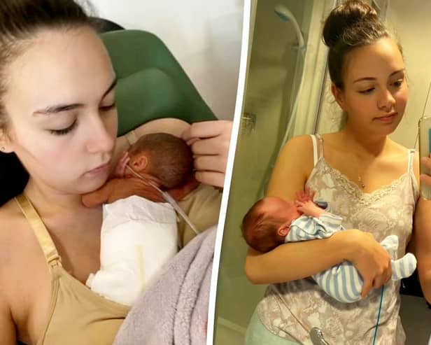 Kayleigh Doyle with her two twins - born 22 days apart. Arlo was stillborn, and Astro was delivered via c-section, with fears he might not survive. Picture: SWNS