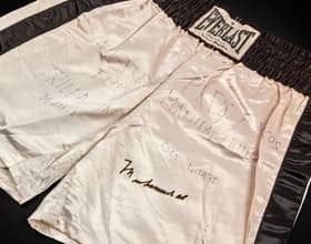 Shorts worn by Muhammed Ali in the Thrilla in Manila boxing match against Joe Frazier are going up for auction. Picture: Sotheby's / SWNS