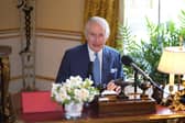 King Charles III during the recording of the The King's audio message which, was recorded in the 18th Century Room at Buckingham Palace. Picture: BBC/Sky/ITV News/PA Wire