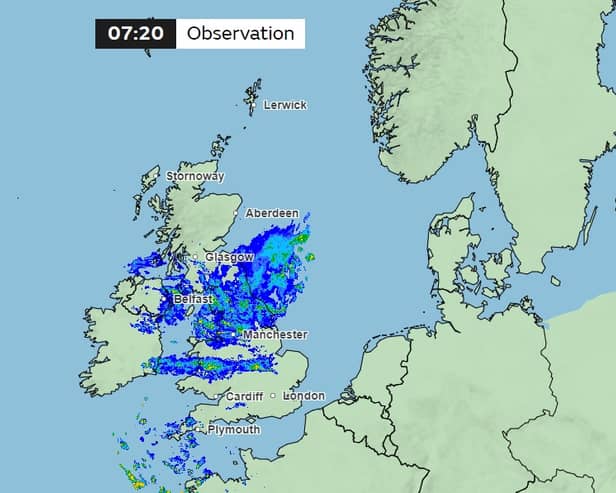 The Met Office's UK weather map showing rain in the north and midlands at 7.20am on Easter Monday