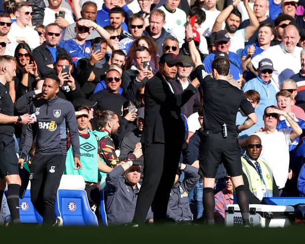 Burnley manager Vincent Kompany is shown a red card during Premier League clash vs Chelsea. Picture: Getty Images