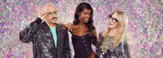 'Glow Up: Britain’s Next Make-Up Star' cast. Pictured are host Leomie Anderson (centre), with judges Dominic Skinner (left) and Val Garland (right). Photo by BBC.