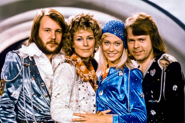 Picture taken in 1974 in Stockholm shows the Swedish pop group Abba with its members (L-R) Benny Andersson, Anni-Frid Lyngstad, Agnetha Faltskog and Bjorn Ulvaeus posing after winning the Swedish branch of the Eurovision Song Contest with their song "Waterloo".(Photo by Olle LINDEBORG / TT News Agency / AFP) 