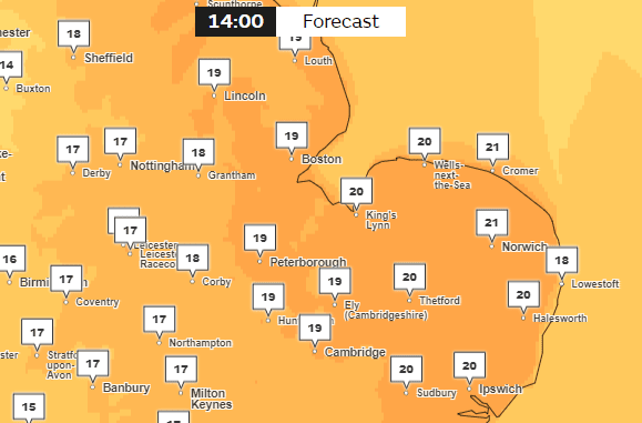 Norfolk is set to experience the highest temperatures this weekend. (Credit: Met Office)