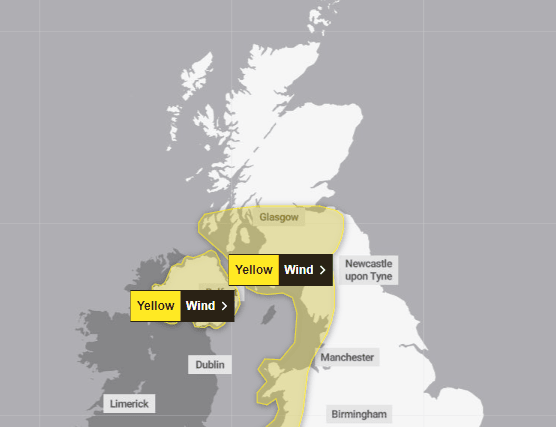 Yellow weather warnings for wind are in place in western areas of the UK this weekend. (Credit: Met Office)