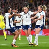 Lauren James and Georgia Stanway celebrate England's opening goal with goalscorer Alessia Russo. Cr. Getty Images.