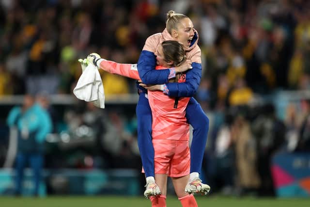 Roebuck celebrates with Lionesses team mate Mary Earps during the Women's World Cup 2023. Cr. Getty Images.