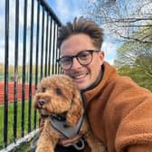 Doctor Alex George with his dog, Rolo. He has posted this photo on Instagram after being discharged from hospital for the second time in just a few days. Photo by Instagram/dralexgeorge.