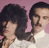 Brothers Ron (right) and Russell Mael of American art rock group Sparks, posed together in London, March 1975. (Photo by Michael Putland/Getty Images)