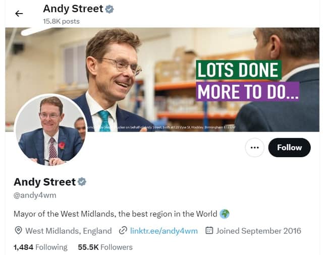 Andy Street doesn't mention on his X page that he's a Conservative. Credit: X